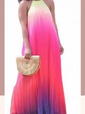 Sleeveless Ombre Halter Maxi Dress in Pink and Purple